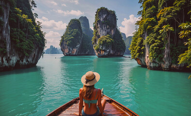 Poster - A woman is sitting on a boat in the middle of a lake. The lake is surrounded by mountains and the sky is clear. The woman is wearing a hat and a bikini