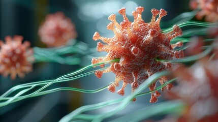 Poster - Detailed close-up of a virus structure with connecting fibers and a blurred background in a scientific setting