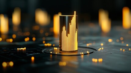 Poster - Abstract digital financial data visualization with glowing bars and light elements on dark background