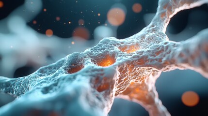 Poster - Intricate Close-Up View of Cellular Structure with Glowing Elements and Soft Bokeh Background