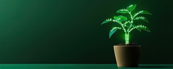 Wall Mural - A glowing green plant in a brown pot against a dark green background, symbolizing vibrant growth and modern aesthetics.