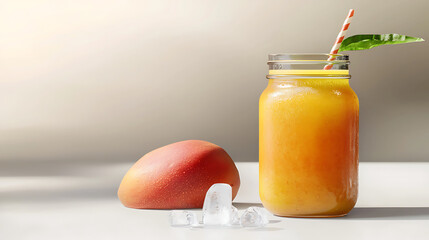 Wall Mural - Refreshing Mango Smoothie in Mason Jar with Ice Cubes and Fresh Mango