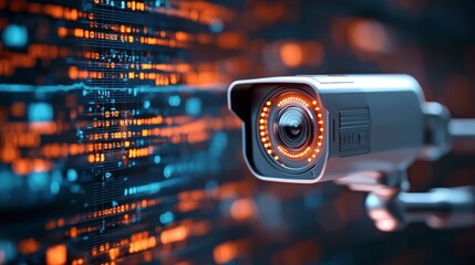 Poster - High-Tech Surveillance Camera with Digital Background and Glowing Light Effects in Modern Security System