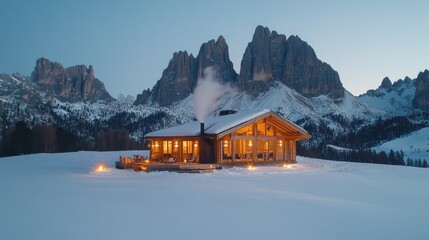 Poster - Cozy Alpine cabin, snowy landscape, mountain backdrop, twilight