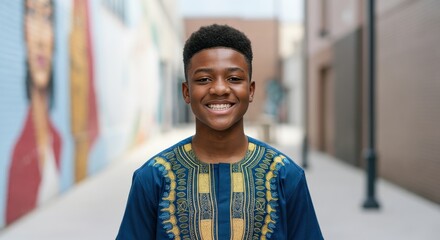 young african male in traditional attire smiling outdoors in urban setting