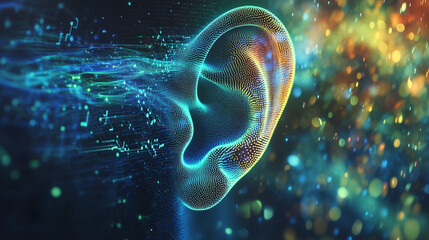 Poster - Abstract Digital Ear Art Colorful Vibrant Particle Design Music Audio Technology Wave Flow Glow     