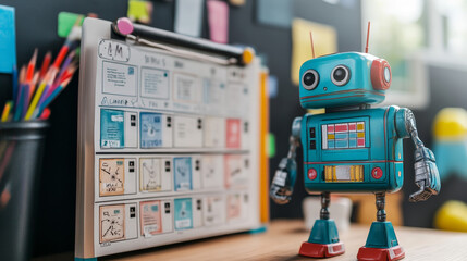 Poster - Drones, robots and androids school timetable vector template. Weekly planner frame design with artificial intelligence cyborgs, cute ai bots. Educational cartoon schedule, kids time table for lessons