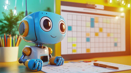 Poster - Drones, robots and androids school timetable vector template. Weekly planner frame design with artificial intelligence cyborgs, cute ai bots. Educational cartoon schedule, kids time table for lessons