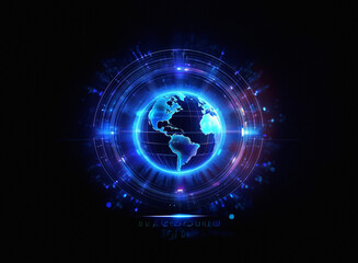 Poster - Glowing blue Earth encircled by a futuristic, technological HUD.  The image evokes a sense of global connection and digital innovation.