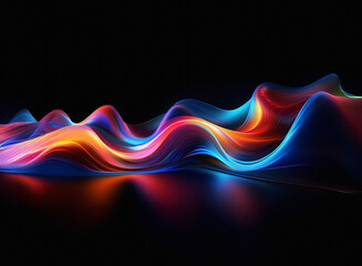 Poster - Abstract image of vibrant, flowing, multicolored waves on a dark background.  The waves have a luminous, almost ethereal quality, reflecting on a glossy surface.