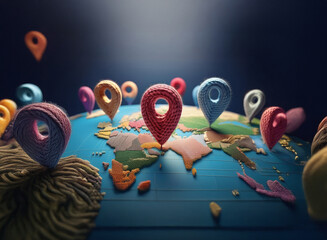 Poster - Colorful location pins scattered across a miniature globe, symbolizing global reach and connectivity.  A vibrant image depicting worldwide travel or communication.