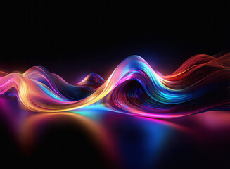Leinwandbilder - Abstract image of vibrant, glowing waves flowing across a dark reflective surface.  The colors shift and blend, creating a mesmerizing, dynamic effect.