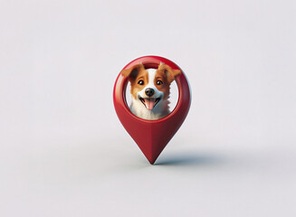 Poster - A happy dog's face is nestled inside a red location pin, set against a simple white background.  This playful image suggests finding, locating, or discovering a pet.