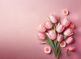 Aufkleber - A bouquet of pale pink tulips and small pink flowers arranged on a soft pink background.  The image evokes feelings of springtime, romance, and delicate beauty.