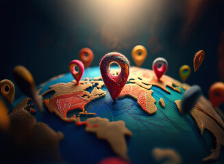 Poster - A stylized clay globe features multiple colorful location markers, symbolizing global connectivity and exploration.  The central marker is prominently displayed, suggesting a key destination.