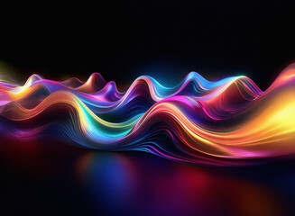 Poster - Vibrant, iridescent waves flow across a dark background, creating a mesmerizing, abstract landscape of light and color.  The smooth curves and reflections add depth and texture to this digital artwork
