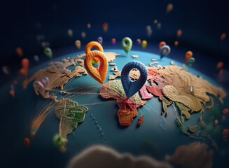 Poster - A 3D rendering of colorful location pins scattered across a miniature Earth, emphasizing global reach and connectivity.
