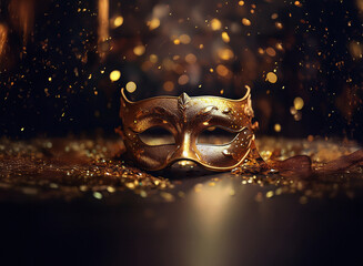 Aufkleber - Elegant gold masquerade mask rests on a bed of shimmering golden confetti, illuminated by warm, ambient light.  A sense of mystery and celebration is evoked.