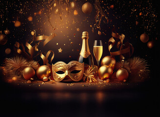 Aufkleber - A glamorous New Year's Eve scene. Gold ornaments, sparkling confetti, a masquerade mask, champagne bottle, and flute create a festive atmosphere.  The dark background enhances the golden highlights.
