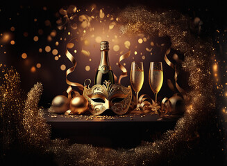 Poster - A celebratory scene with champagne, masquerade mask, and golden ornaments.  Sparkling lights and confetti create a festive, luxurious atmosphere, perfect for a special occasion.