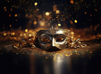 Aufkleber - Elegant silver masquerade mask rests on gold glitter, surrounded by sparkling lights and chains.  A glamorous, mysterious scene perfect for a celebratory event.