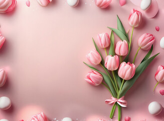 Poster - A delicate bouquet of pink tulips sits at the center of a pastel pink background, adorned with pastel-colored macarons and small white decorative elements creating a lovely frame.