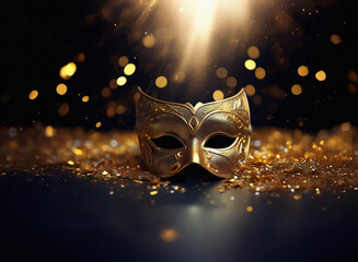 Aufkleber - A golden masquerade mask rests on glittering gold confetti, bathed in a dramatic spotlight.  The scene evokes mystery and celebration.