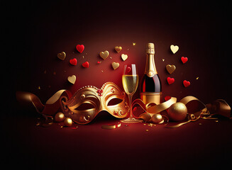 Poster - A golden masquerade mask, champagne bottle and glass rest amidst scattered red and gold hearts and ribbons on a dark red background, suggesting a celebratory, romantic occasion.