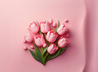 Poster - A delightful cluster of light pink tulips arranged on a pink background.  The tulips appear smooth, almost sculpted, creating a visually appealing contrast.  Small pink hearts are scattered around the
