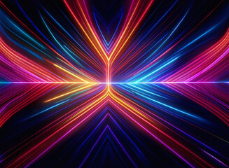 Poster - Vibrant, symmetrical light streaks radiate outwards, creating a dazzling, abstract design.  The neon colors evoke energy and movement.