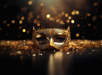 Aufkleber - Elegant gold masquerade mask rests on glittering surface, bathed in warm light, surrounded by bokeh.  A sense of mystery and celebration is evoked.