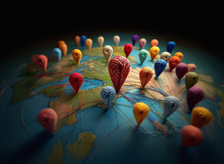 Poster - A yarn-globe depicts numerous colorful location markers scattered across a world map, symbolizing global connectivity and diverse locations.
