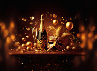 Aufkleber - A golden champagne bottle and mask rest on a dark surface amidst celebratory confetti and balloons.  A festive, luxurious scene perfect for a special occasion.
