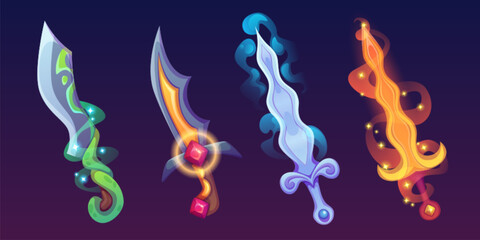 Poster - magic game swords set isolated on background. vector cartoon illustration of medieval weapons, knigh