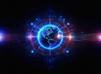 Aufkleber - A glowing blue Earth is encircled by a vibrant, technological HUD,  pulses of light emanating outward, suggesting global connectivity and technological advancement.