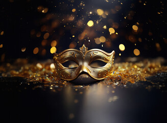 Aufkleber - Elegant gold masquerade mask rests on glittering gold confetti, bathed in soft light against a dark background.  The scene evokes mystery and celebration.