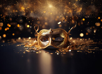 Aufkleber - Elegant gold masquerade mask rests on glittering confetti, bathed in warm light.  A celebratory, mysterious atmosphere.
