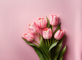 Aufkleber - A delicate bouquet of pink tulips rests on a soft pink background.  The image evokes feelings of springtime and romance.