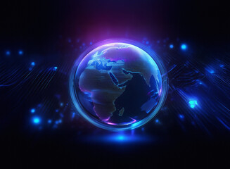Aufkleber - A glowing digital Earth, encircled by vibrant purple and blue energy streams, symbolizes global connectivity and technological advancement.  Circuit patterns suggest a digital world.