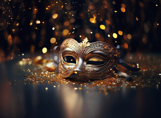 Aufkleber - An elegant, gold masquerade mask rests on a bed of sparkling glitter against a dark background with bokeh lights.  The mask is intricately designed and suggests mystery and celebration.