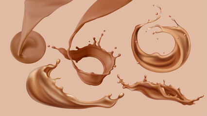 Wall Mural - chocolate splash collection with various dynamic liquid shapes. milk cocoa swirls, circular splatter