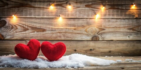 Wall Mural - Cozy winter evening with two red hearts against a wooden wall, wood, cozy,  wood, cozy, pink, warm glow, valentines day, romance