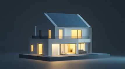 Poster - Minimalist modern house design with illuminated windows against a dark background