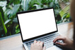 © Thaspol - A person typing on a laptop with a blank screen, seated by a window with a lush green garden view, offering a calm and nature-inspired workspace.