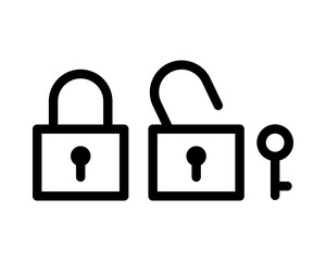 Poster - Bold black outline icons of a locked and unlocked padlock with a key, perfect for security, access, or website design.  Clean, minimalist style suitable for app interfaces and presentations.