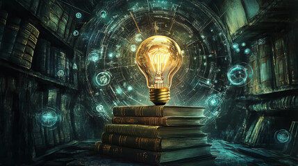 Poster - Knowledge and web education sketch design with light bulb plugged into a tall stack of books. Surrounded by flasks, DNA, hourglass, gears, ruler, atom and pencil 