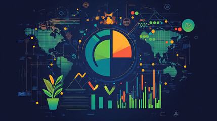 Poster - Graphic and charts, diagram infographic design elements. World map, percentage and statistics, analytical data, color schemes in shape of plant or pie. Graphs and pyramids, vector icons on black