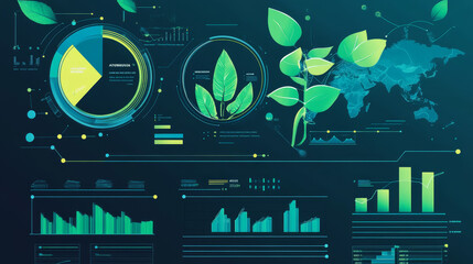 Poster - Graphic and charts, diagram infographic design elements. World map, percentage and statistics, analytical data, color schemes in shape of plant or pie. Graphs and pyramids, vector icons on black