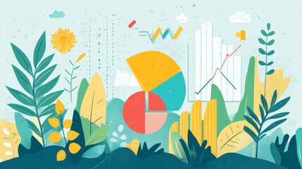 Poster - Graphic and charts, diagram infographic design elements. World map, percentage and statistics, analytical data, color schemes in shape of plant or pie. Graphs and pyramids, vector icons on black
