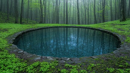 Wall Mural - Misty forest pond with stone edge.